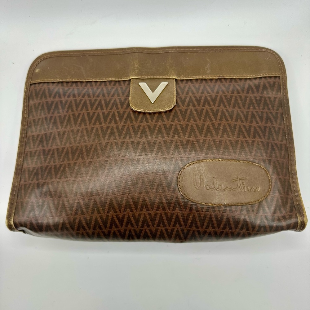 Valentino Brown Chevron Clutch with Gold V Detail